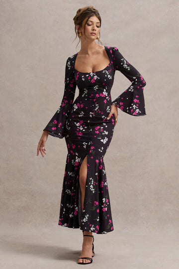Catalonia Black Ditsy Floral Print Chiffon Long-Sleeve Split Maxi Dress